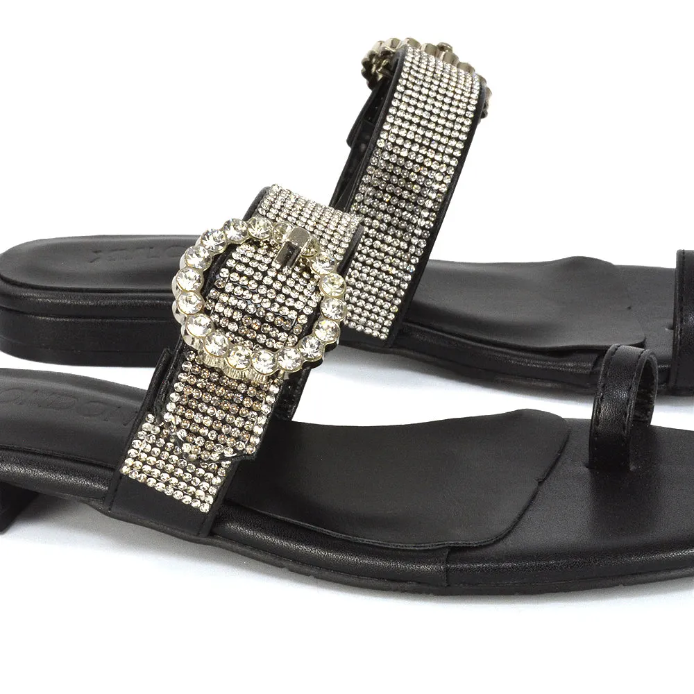 October Toe Post Diamante Strap Flat Sandal Sliders in Silver Metallic