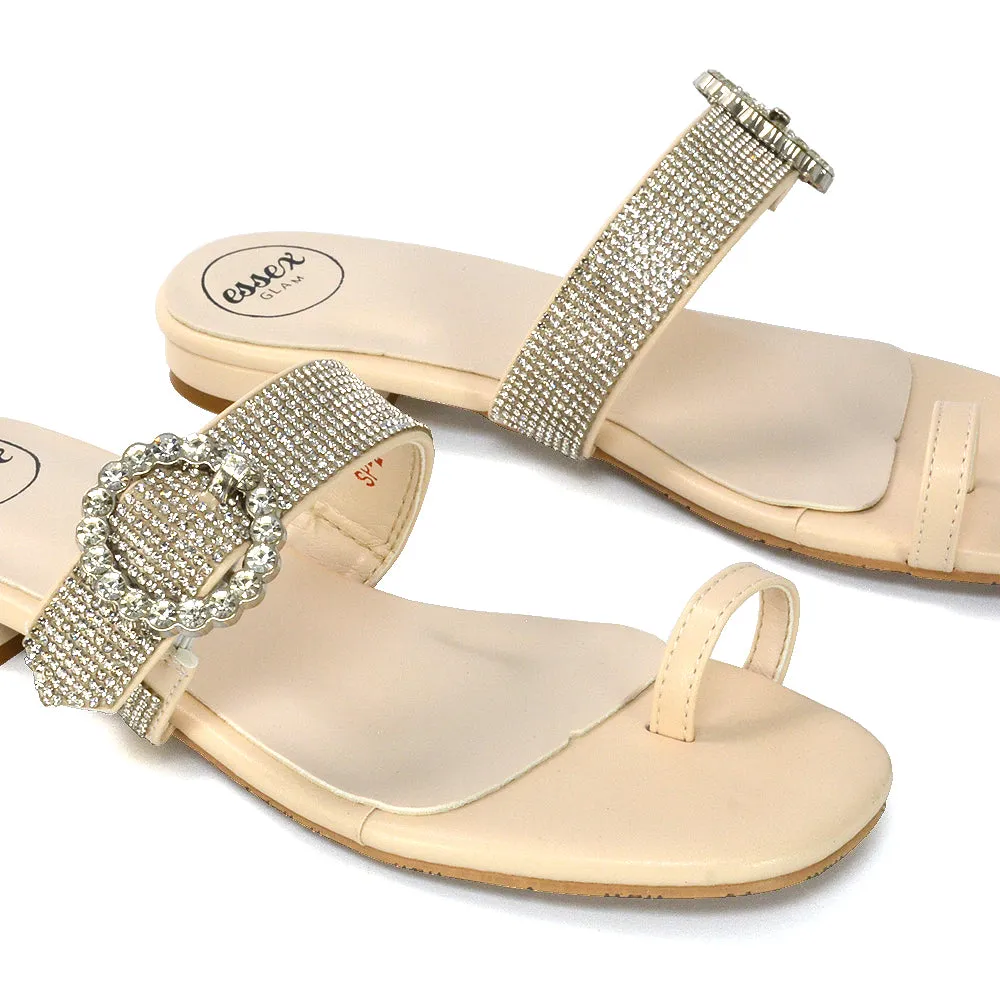 October Toe Post Diamante Strap Flat Sandal Sliders in Silver Metallic