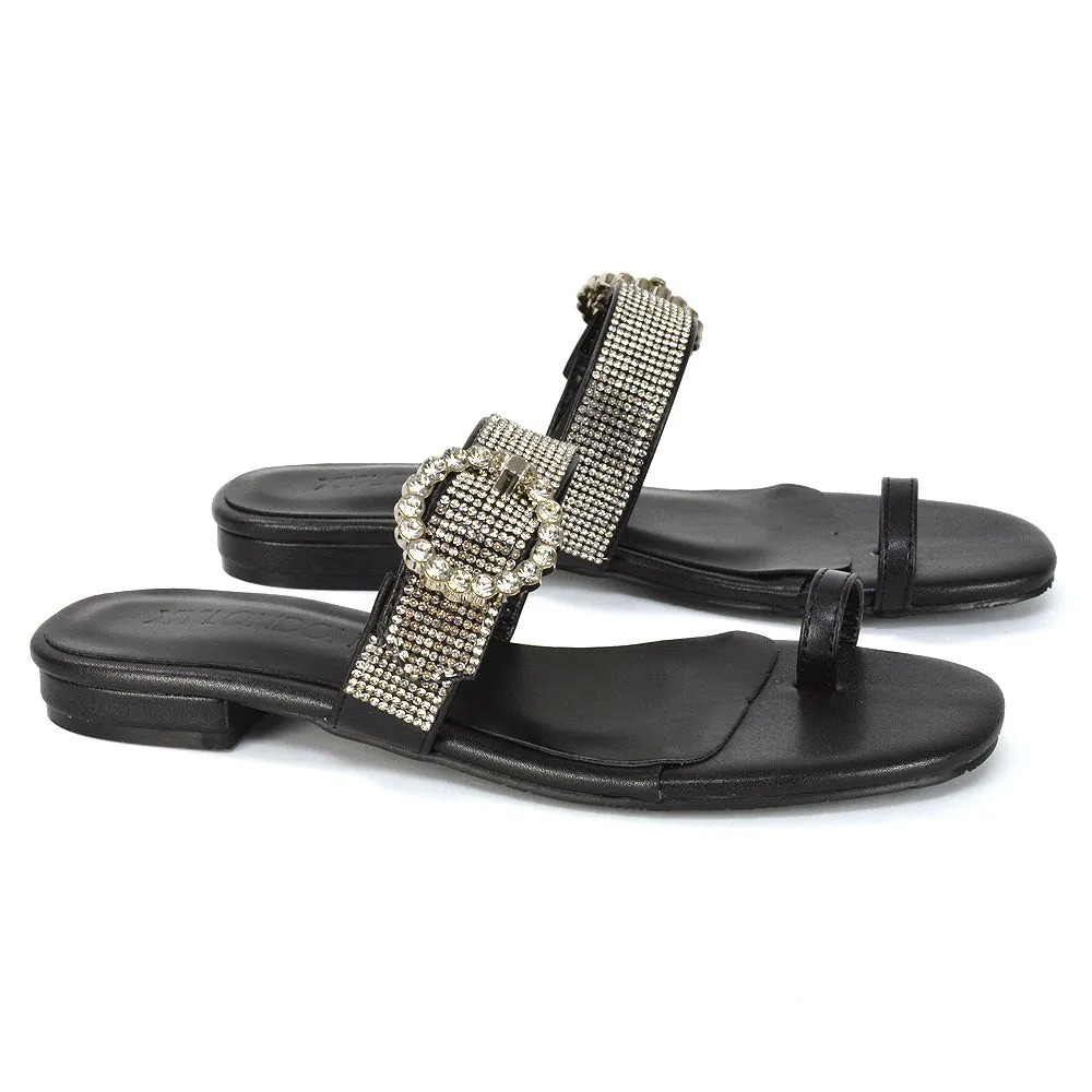 October Toe Post Diamante Strap Flat Sandal Sliders in Silver Metallic