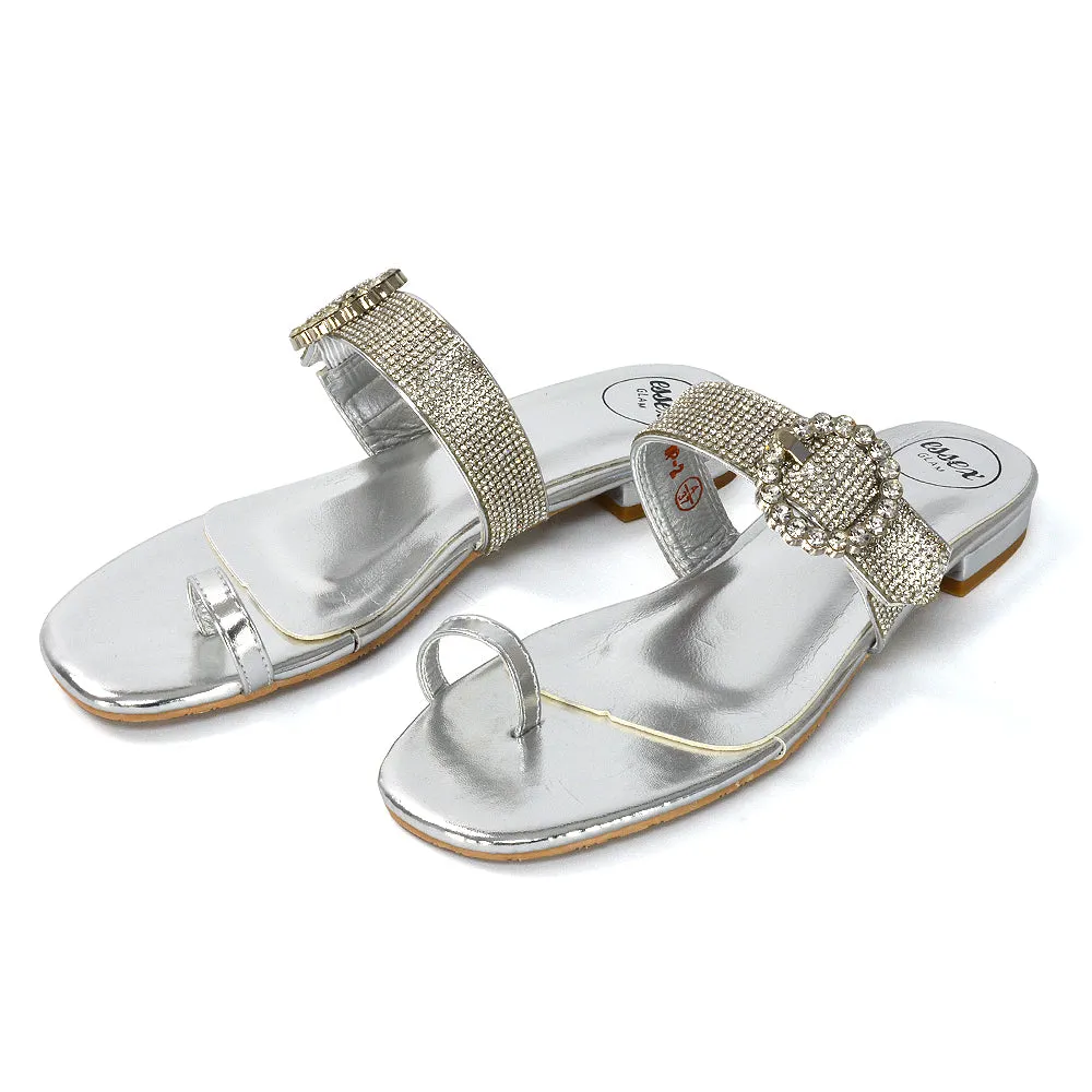 October Toe Post Diamante Strap Flat Sandal Sliders in Silver Metallic