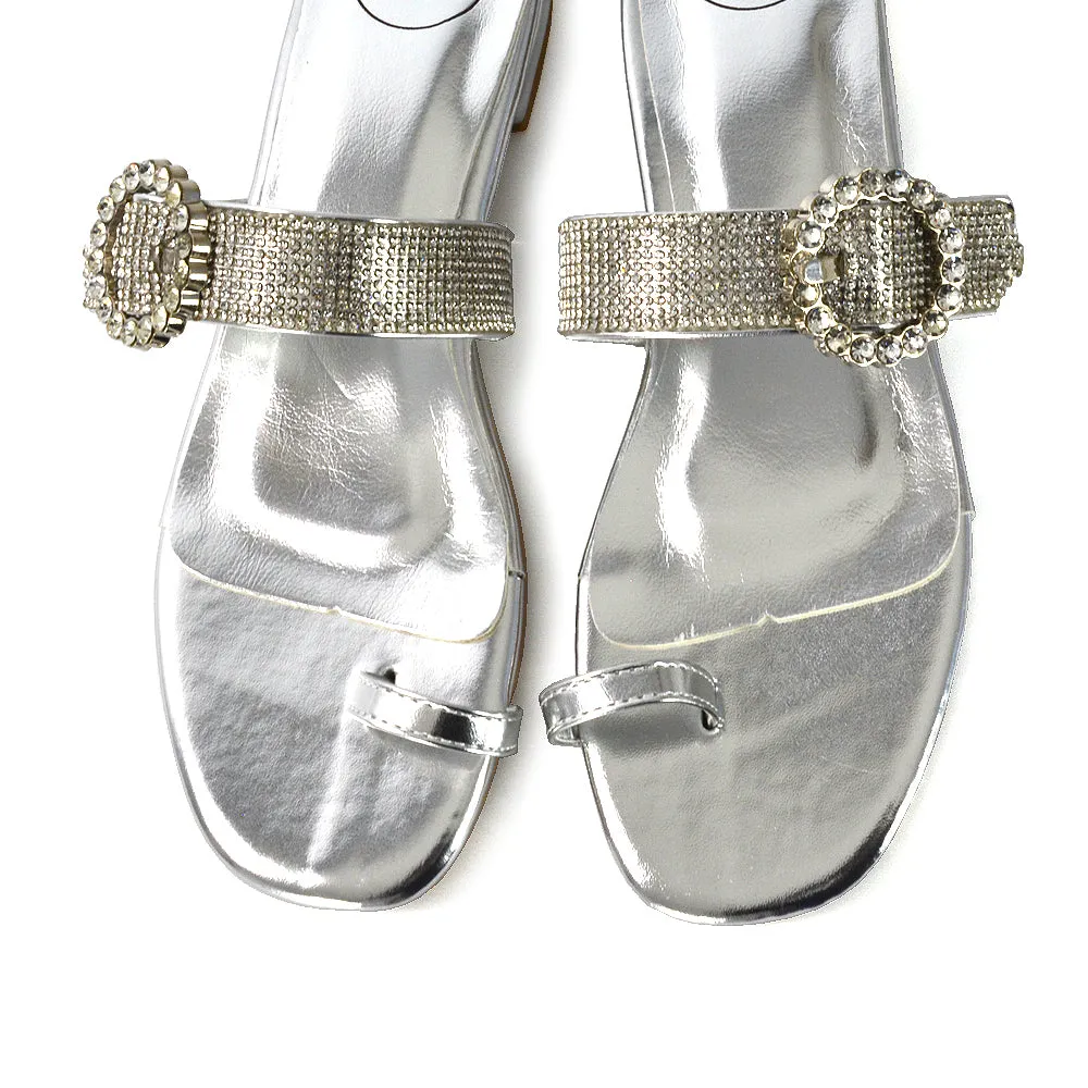 October Toe Post Diamante Strap Flat Sandal Sliders in Silver Metallic