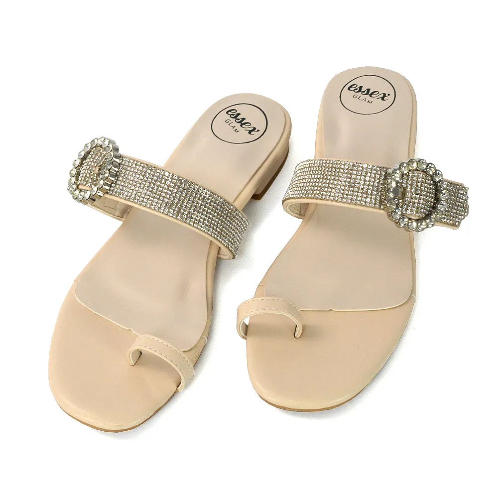 October Toe Post Diamante Strap Flat Sandal Sliders in Silver Metallic