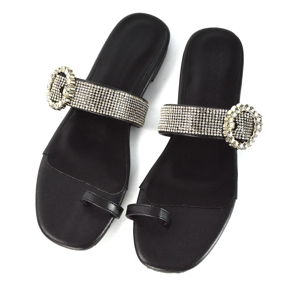 October Toe Post Diamante Strap Flat Sandal Sliders in Silver Metallic