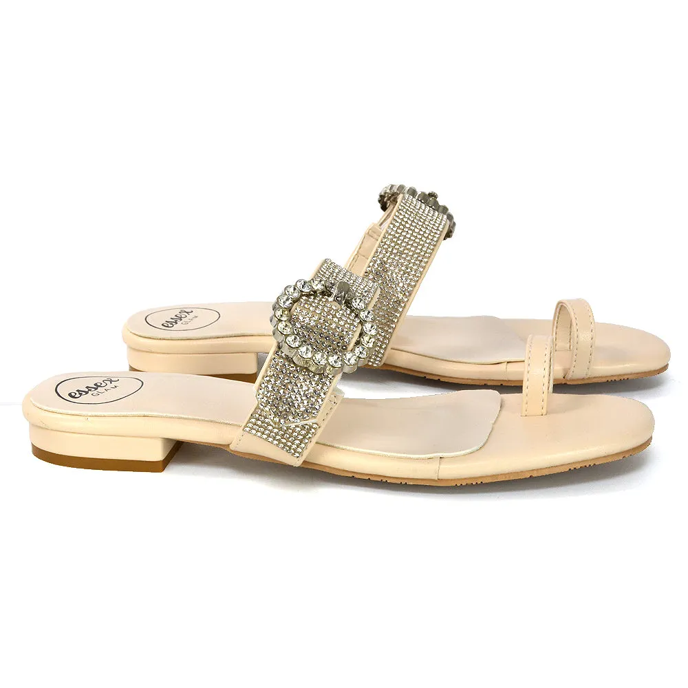 October Toe Post Diamante Strap Flat Sandal Sliders in Silver Metallic