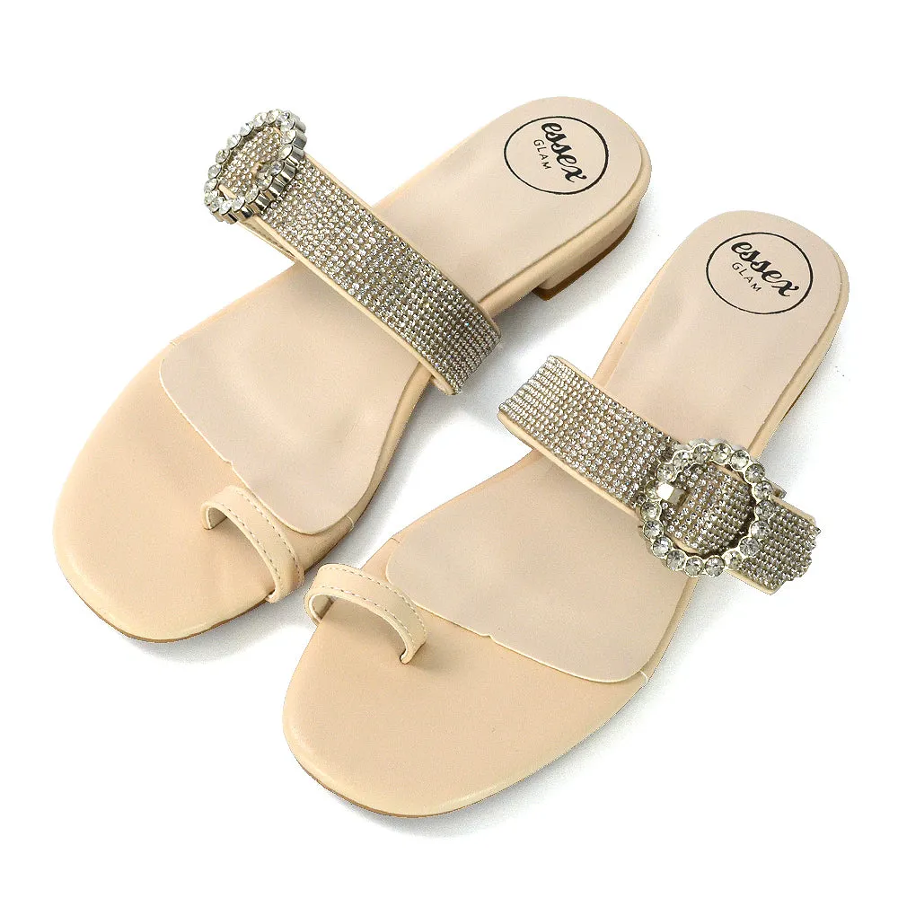 October Toe Post Diamante Strap Flat Sandal Sliders in Silver Metallic