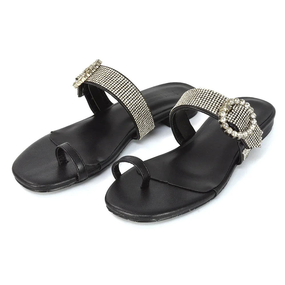 October Toe Post Diamante Strap Flat Sandal Sliders in Silver Metallic