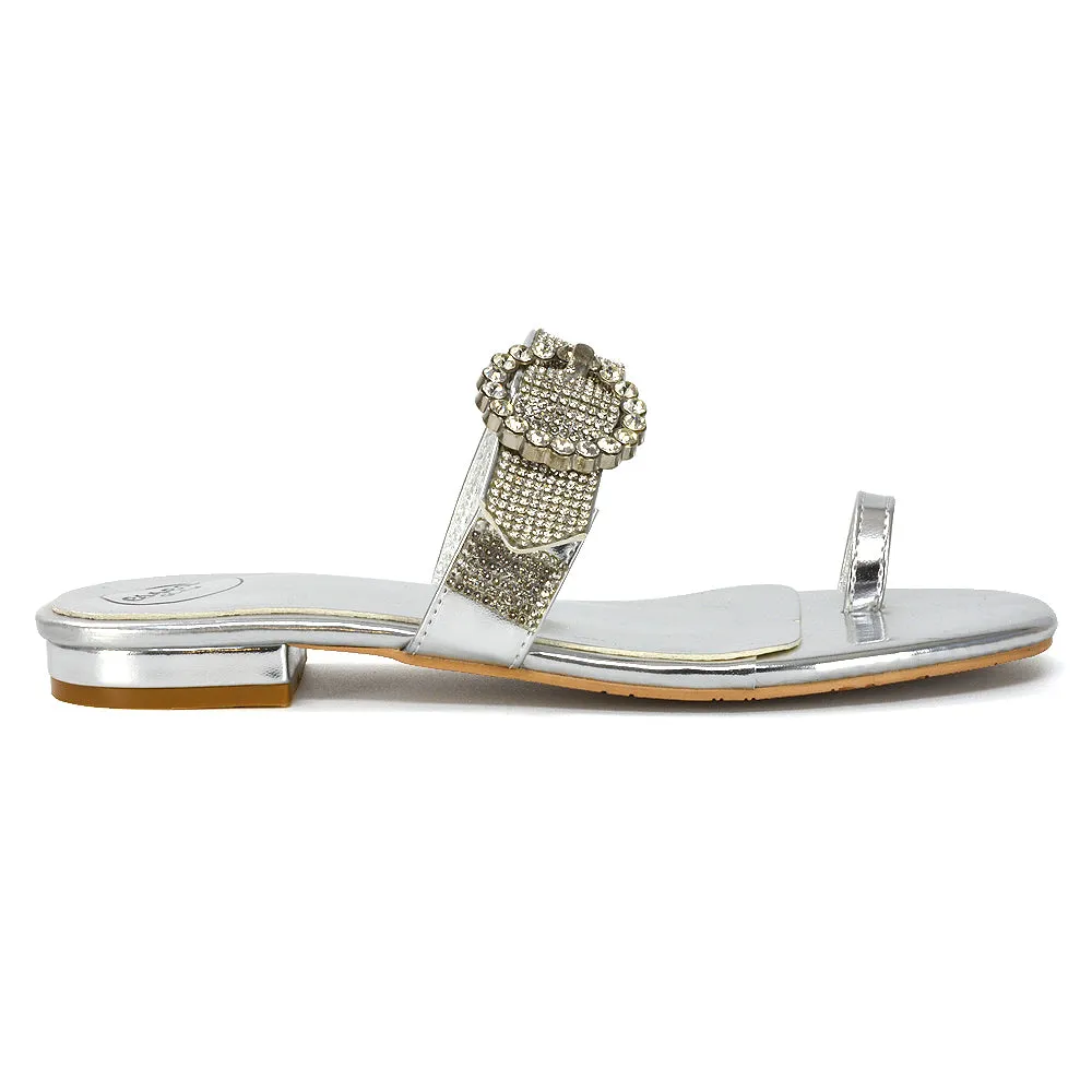 October Toe Post Diamante Strap Flat Sandal Sliders in Silver Metallic