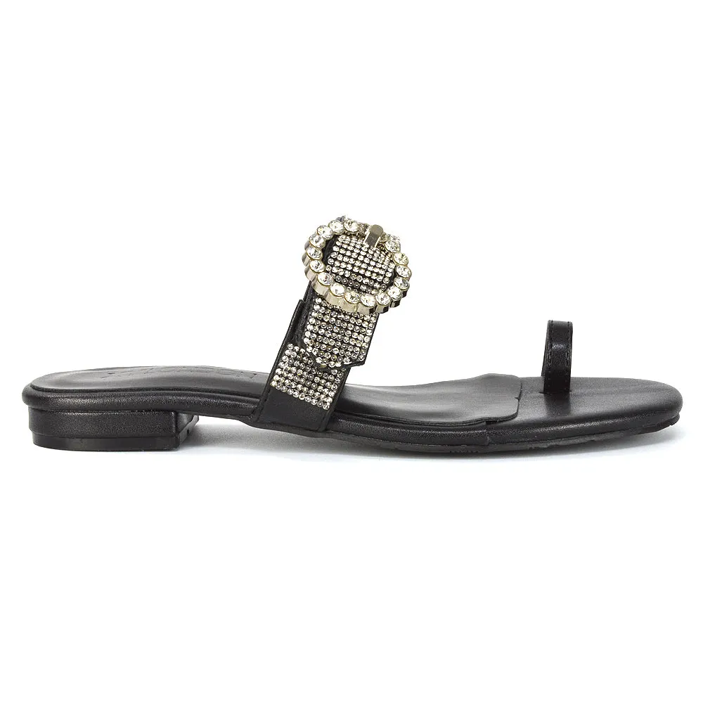 October Toe Post Diamante Strap Flat Sandal Sliders in Silver Metallic