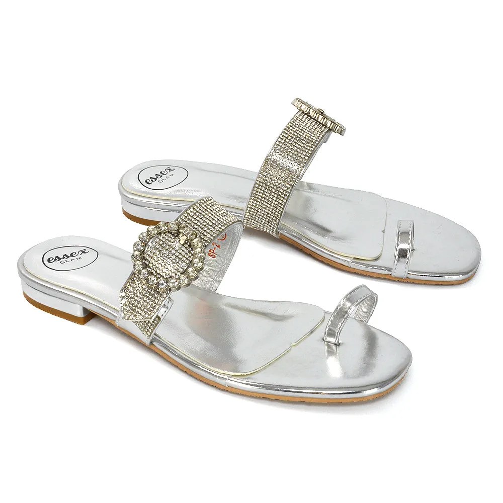 October Toe Post Diamante Strap Flat Sandal Sliders in Silver Metallic