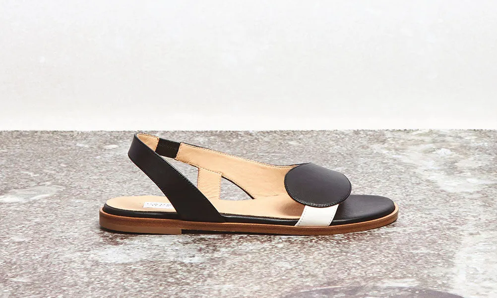 Pippa Flat Sandal in Black & Ivory Nappa Leather