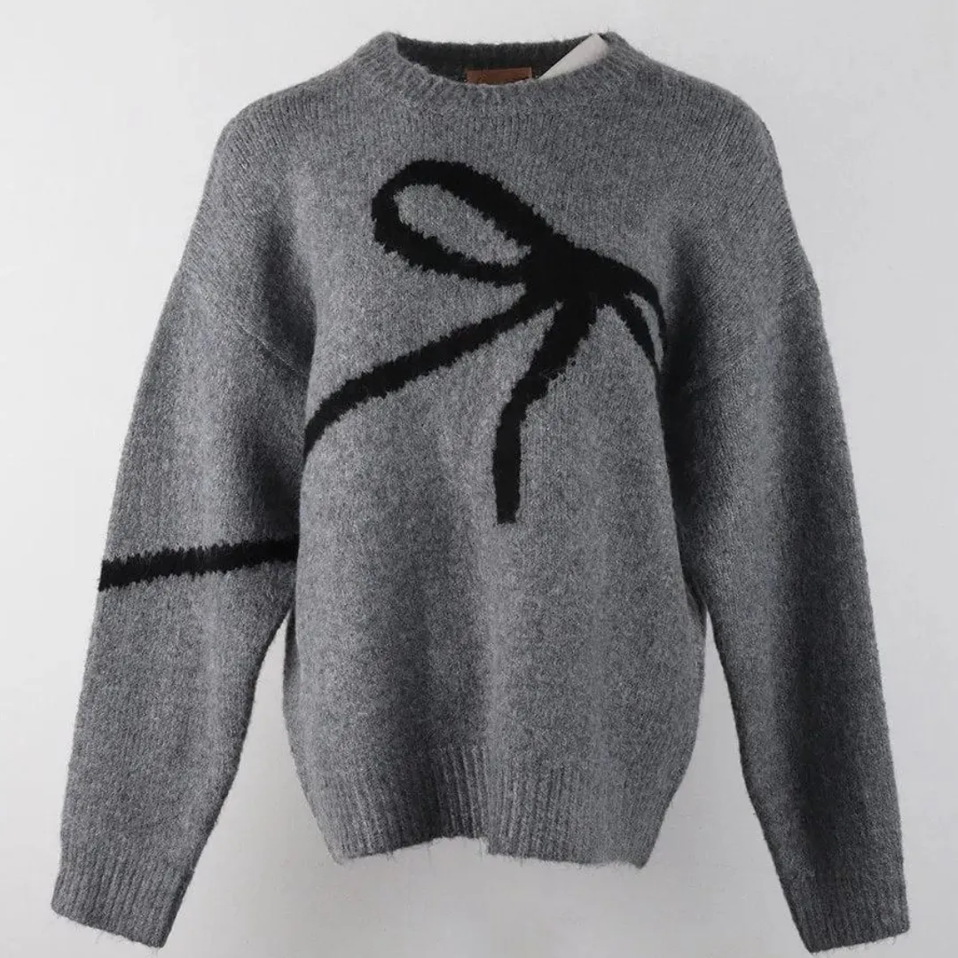 Pre Order:  Black Bow Soft Knitted Loose Round Neck Sweater