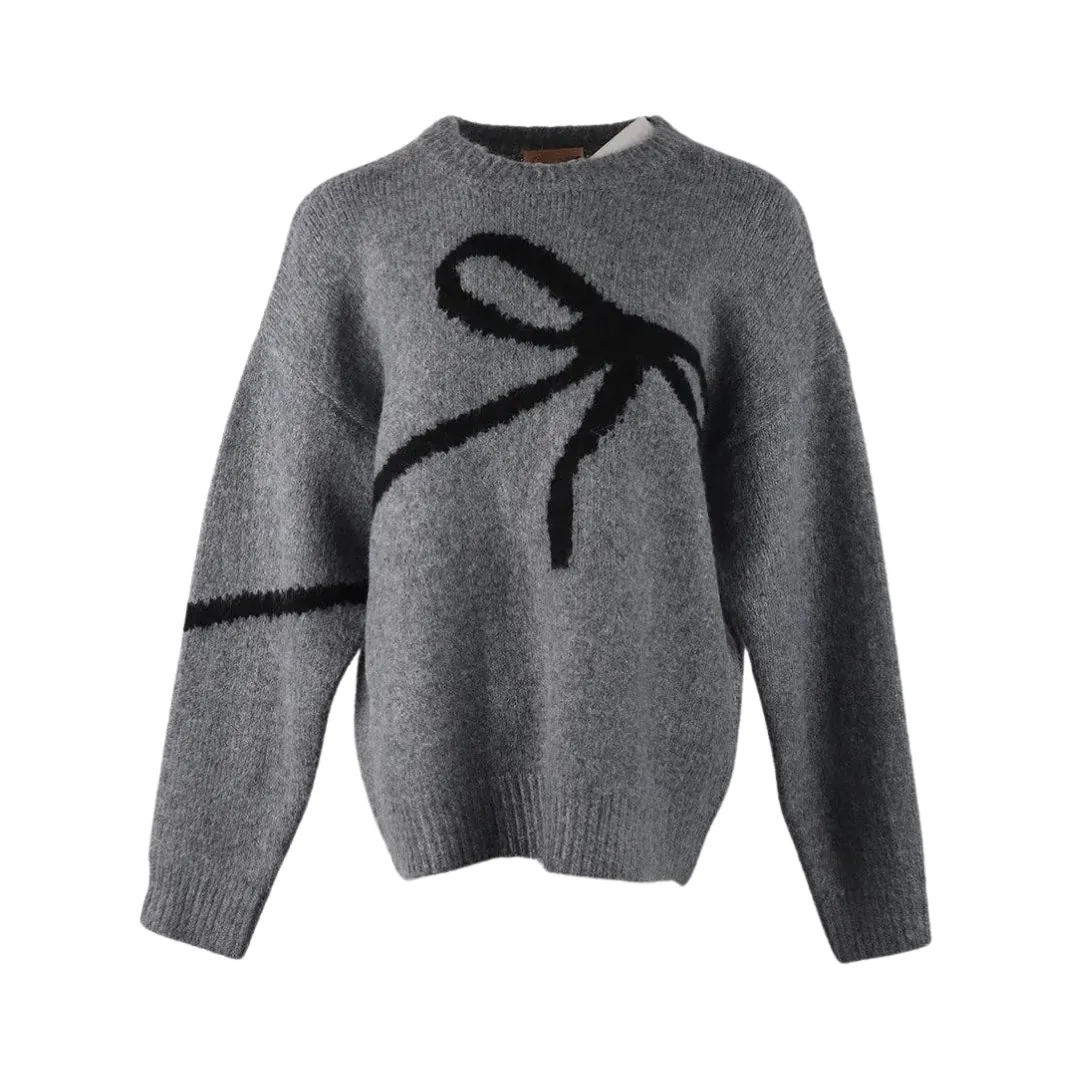 Pre Order:  Black Bow Soft Knitted Loose Round Neck Sweater