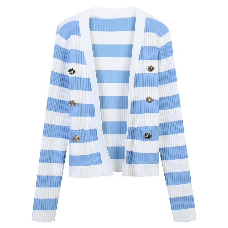 Pre Order:  Striped Double Row Metal Button Loose Cardigan