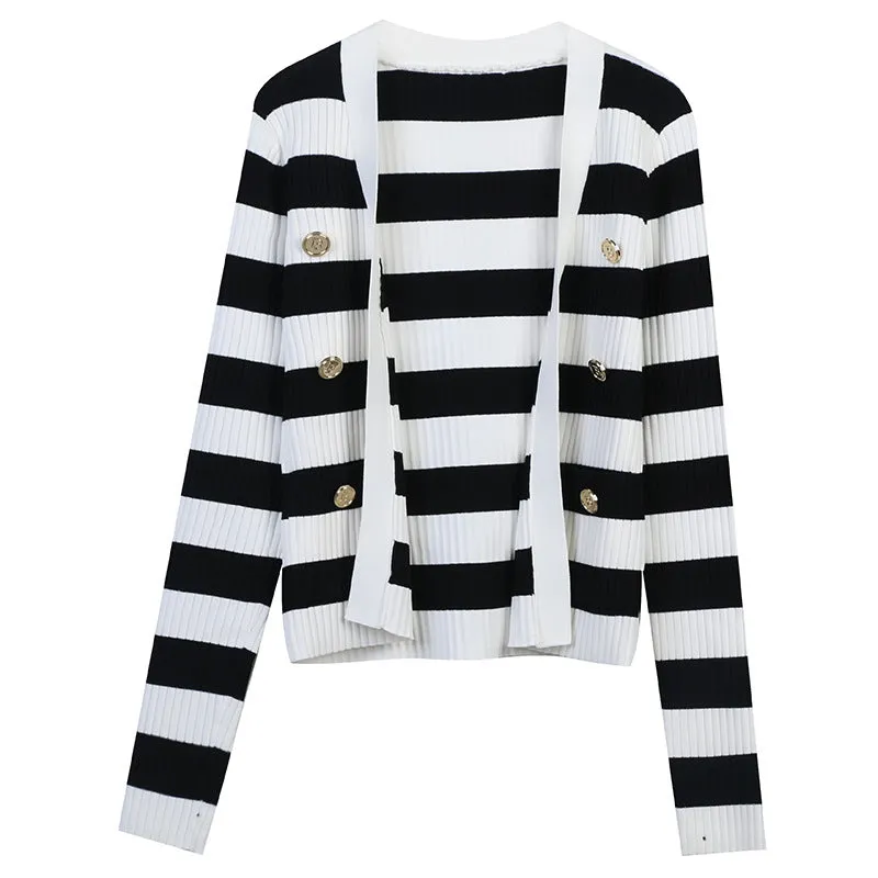 Pre Order:  Striped Double Row Metal Button Loose Cardigan