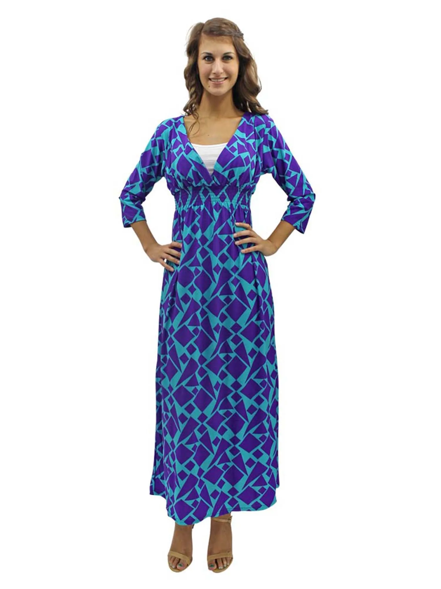 Purple & Blue Patterned Empire Waist Long Sleeve Maxi Dress Size Small