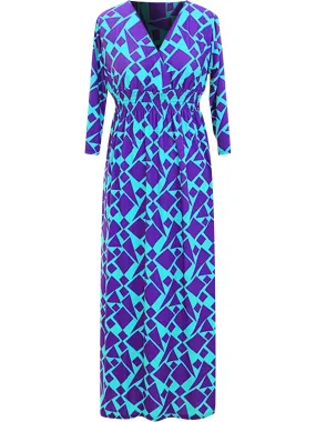 Purple & Blue Patterned Empire Waist Long Sleeve Maxi Dress Size Small