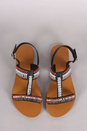 Qupid T-Strap Open Toe Beaded Flat Sandal