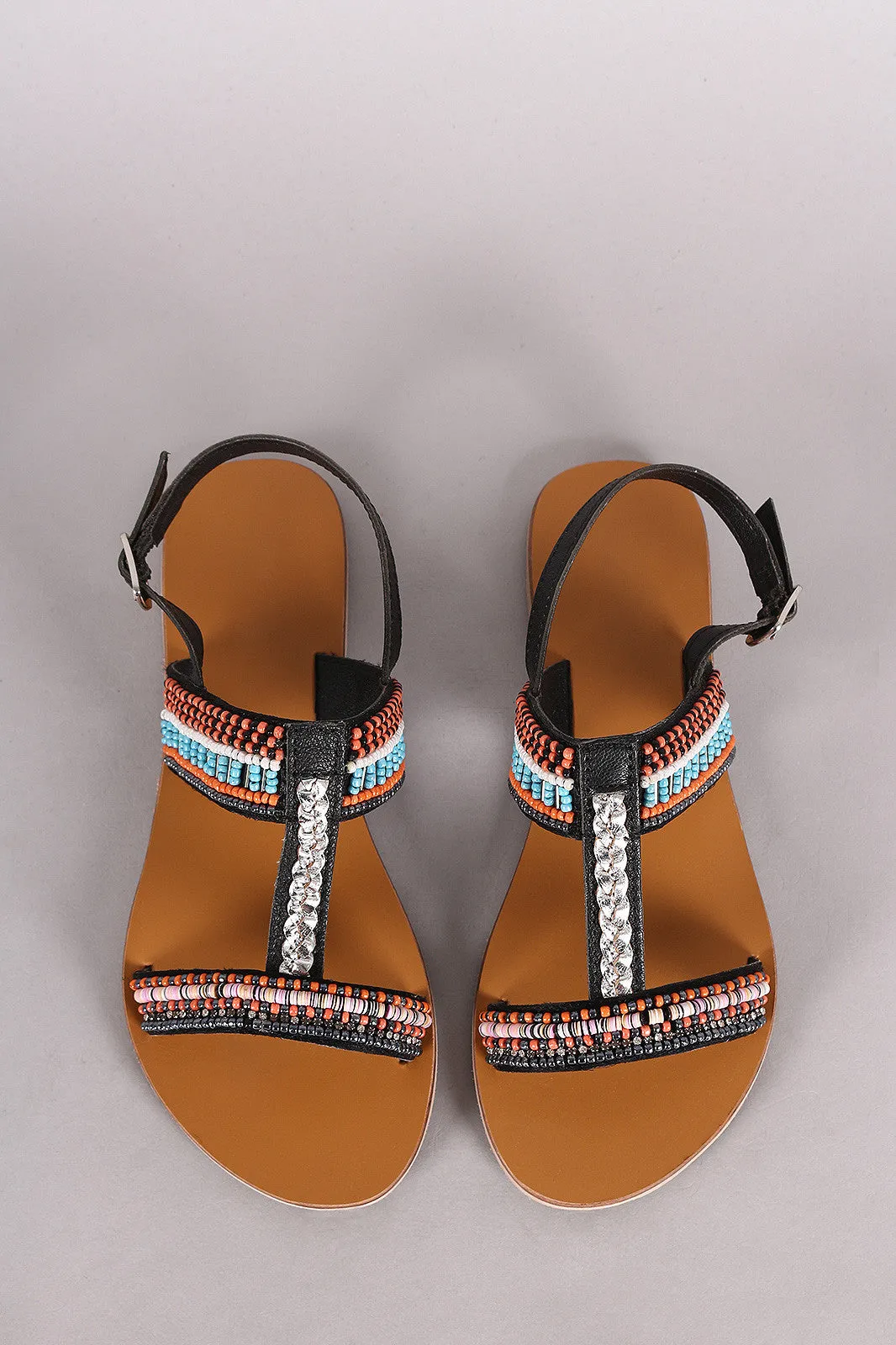 Qupid T-Strap Open Toe Beaded Flat Sandal