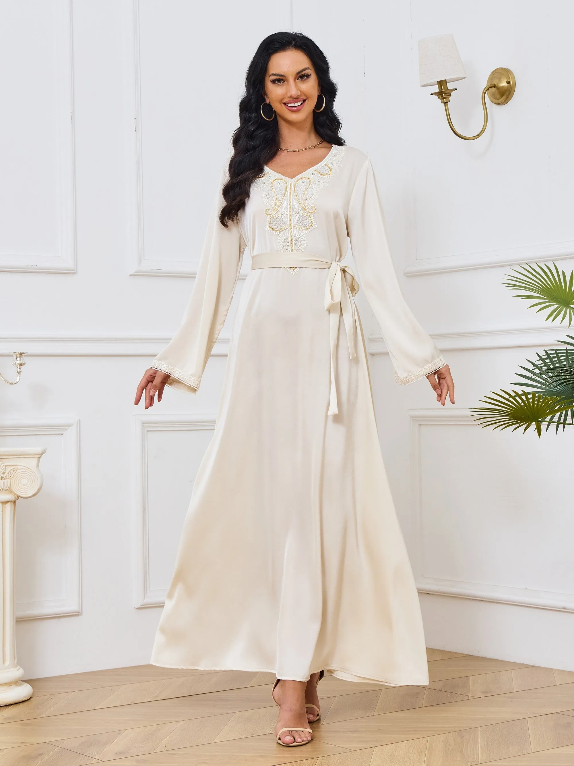 Ramadan Floral Charm - Luxurious Beaded Kaftan Dress with Long Sleeves & Tied Crew Neck - A Timeless, Flowy & Comfortable Womens Clothing Choice for Festive Occasions