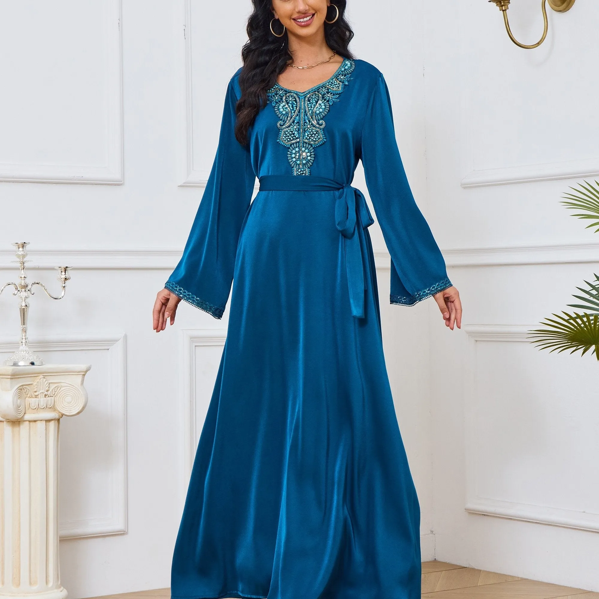 Ramadan Floral Charm - Luxurious Beaded Kaftan Dress with Long Sleeves & Tied Crew Neck - A Timeless, Flowy & Comfortable Womens Clothing Choice for Festive Occasions