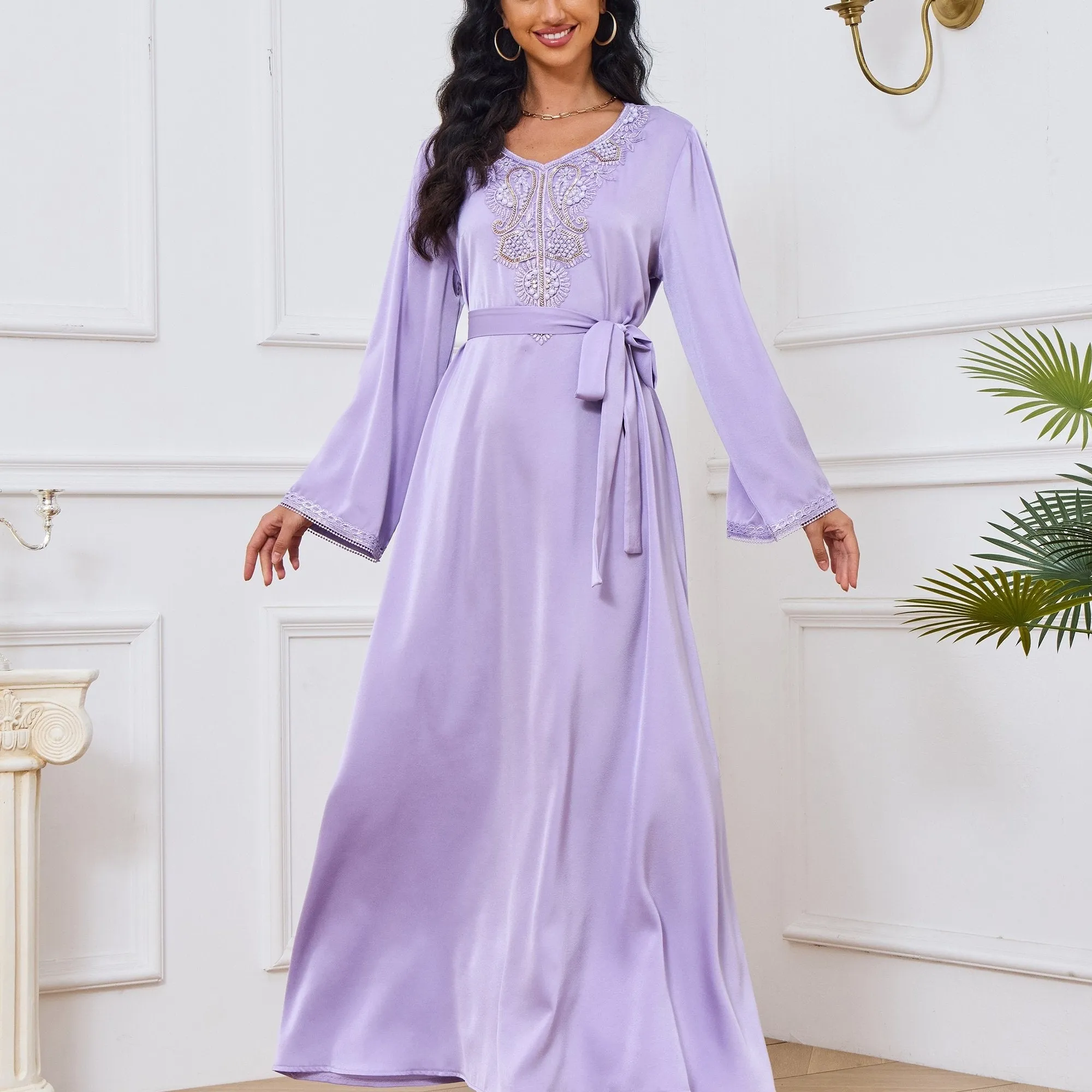 Ramadan Floral Charm - Luxurious Beaded Kaftan Dress with Long Sleeves & Tied Crew Neck - A Timeless, Flowy & Comfortable Womens Clothing Choice for Festive Occasions