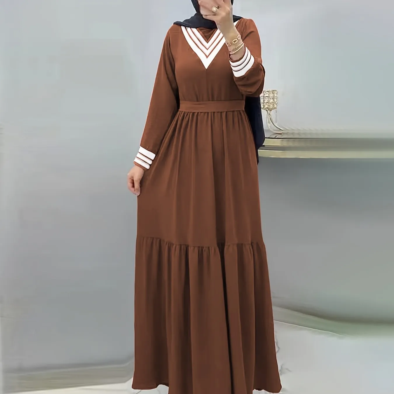 Ramadan Long Sleeve Tie Waist Modest Dress, Solid Maxi Modest Dress, Women's Clothing