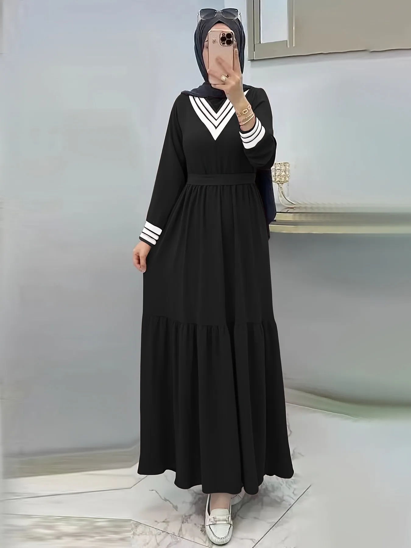 Ramadan Long Sleeve Tie Waist Modest Dress, Solid Maxi Modest Dress, Women's Clothing