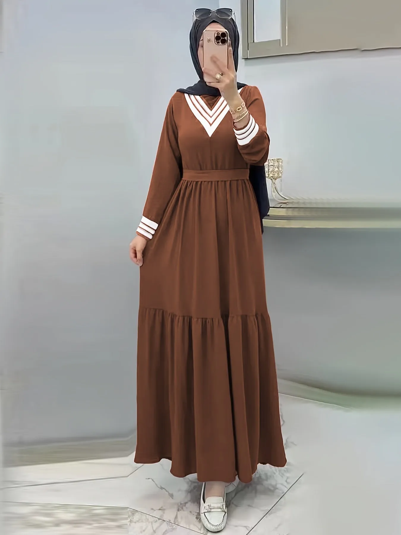 Ramadan Long Sleeve Tie Waist Modest Dress, Solid Maxi Modest Dress, Women's Clothing