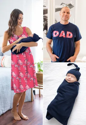 Rose Labor Gown & Navy Swaddle Set & Dad T-Shirt