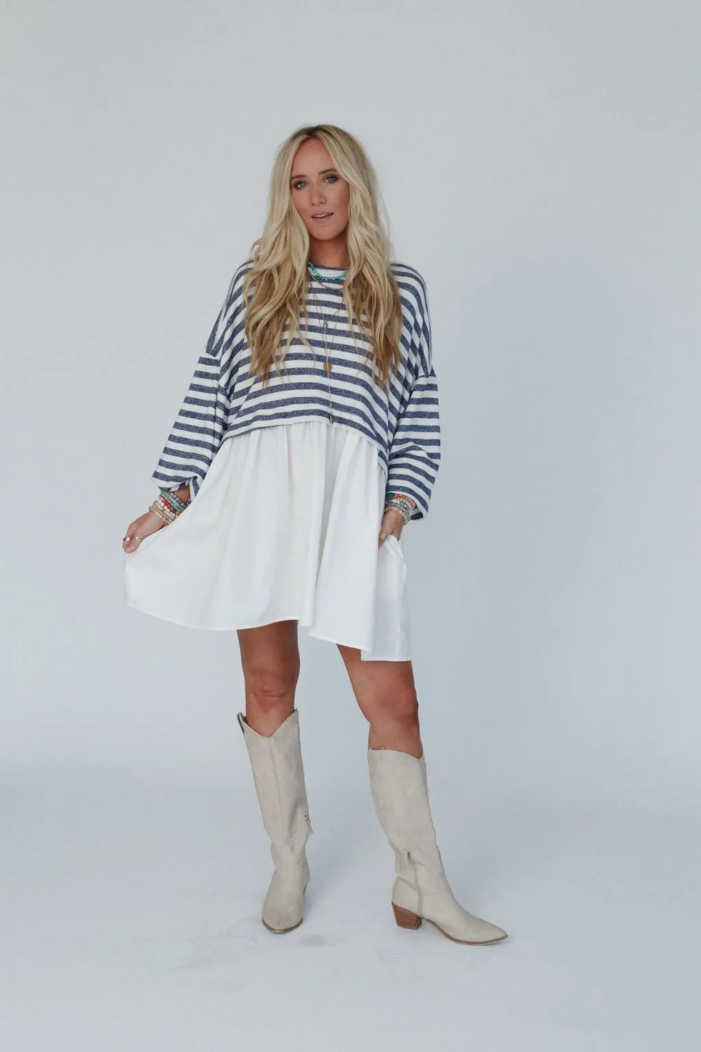 Sailing Away Stripe Contrast Dress - Navy