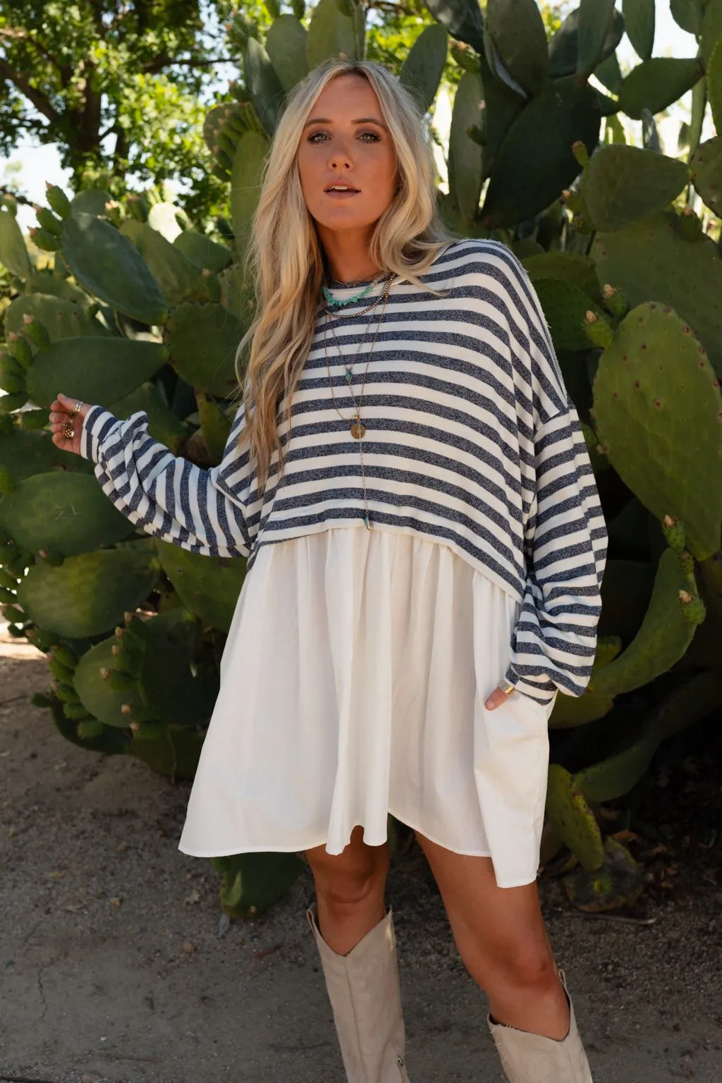 Sailing Away Stripe Contrast Dress - Navy