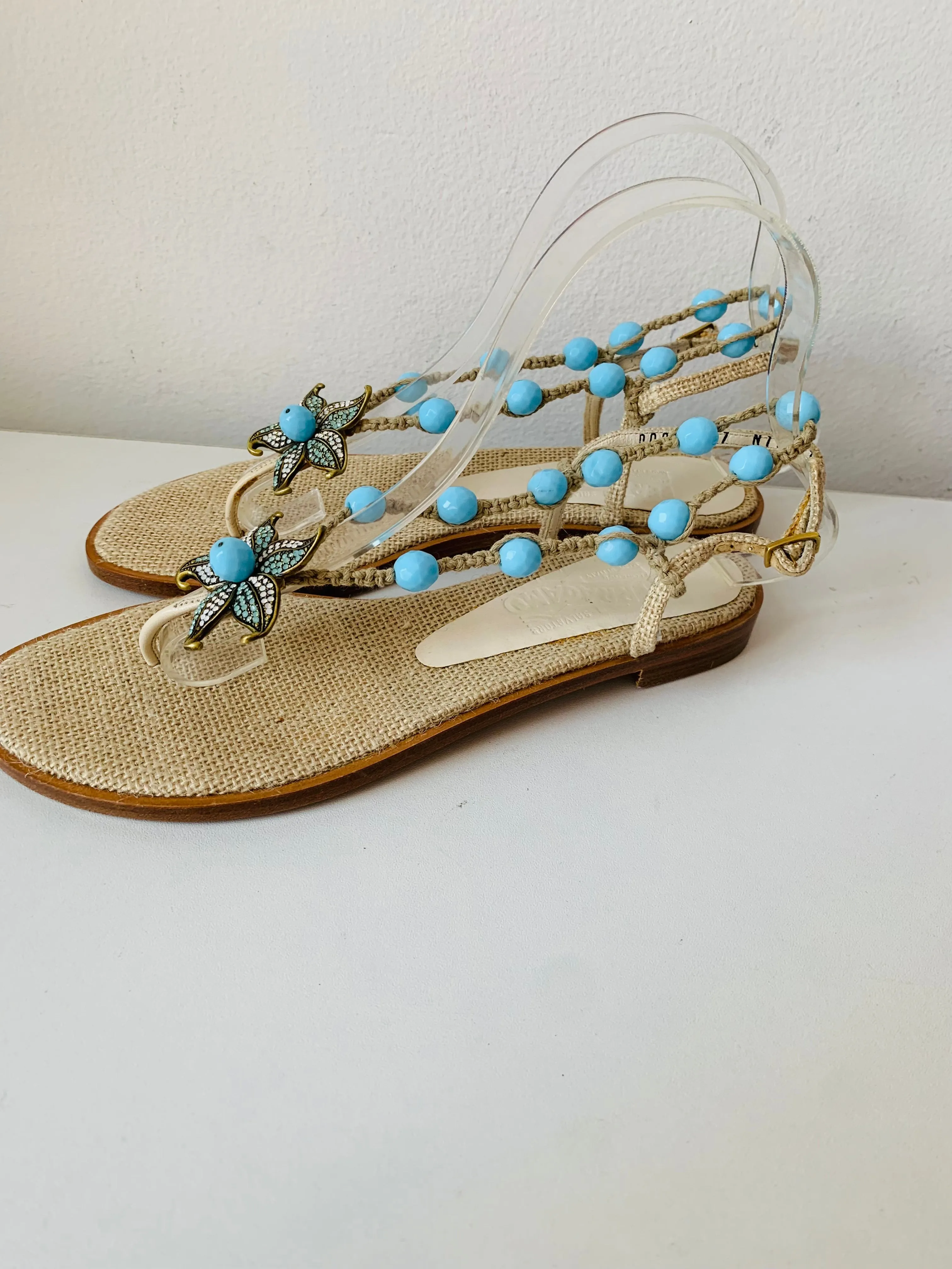 Salvatore Ferragamo Jute/Beige & Leather Beaded Rhinestone Embellished Sandals Size 7