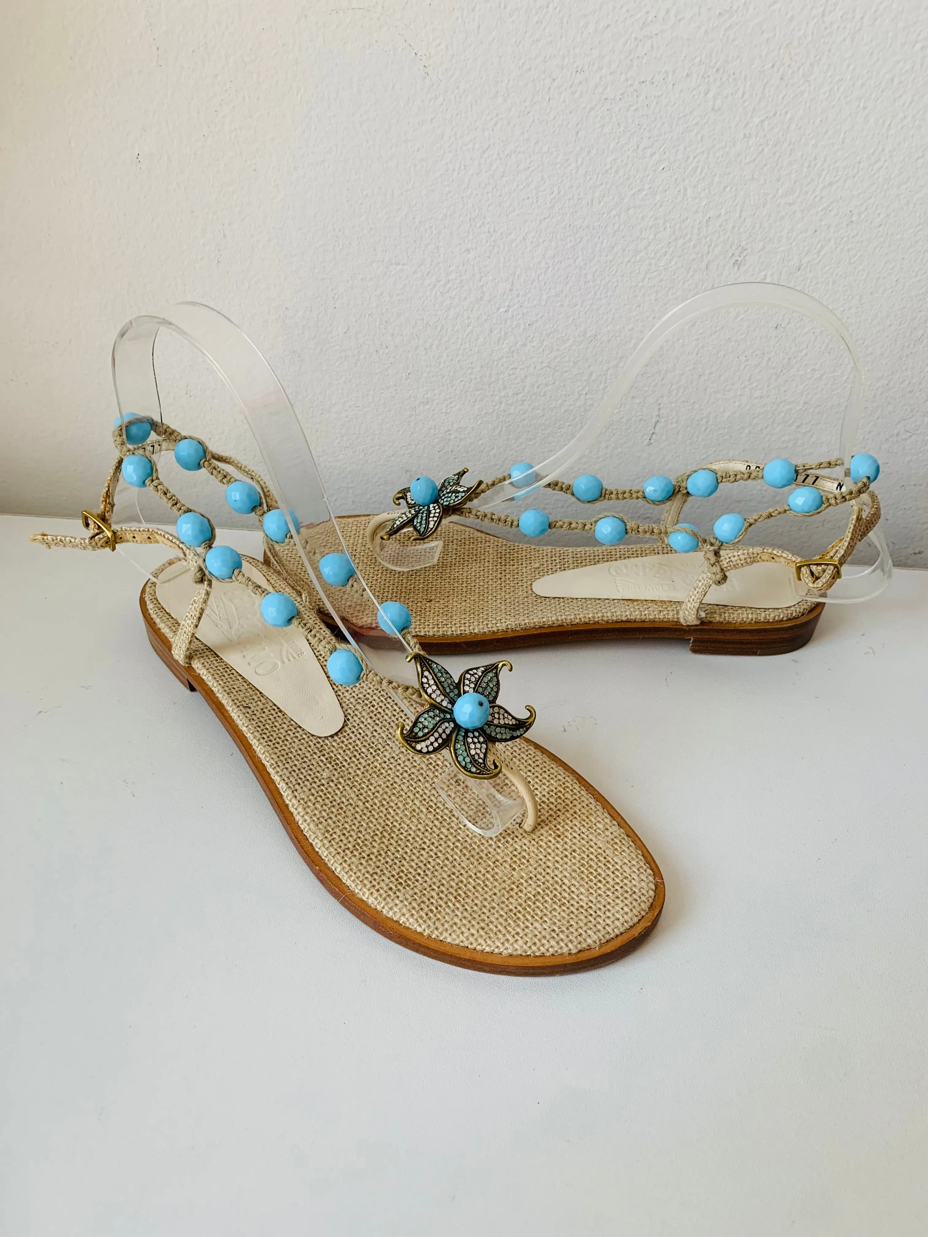 Salvatore Ferragamo Jute/Beige & Leather Beaded Rhinestone Embellished Sandals Size 7