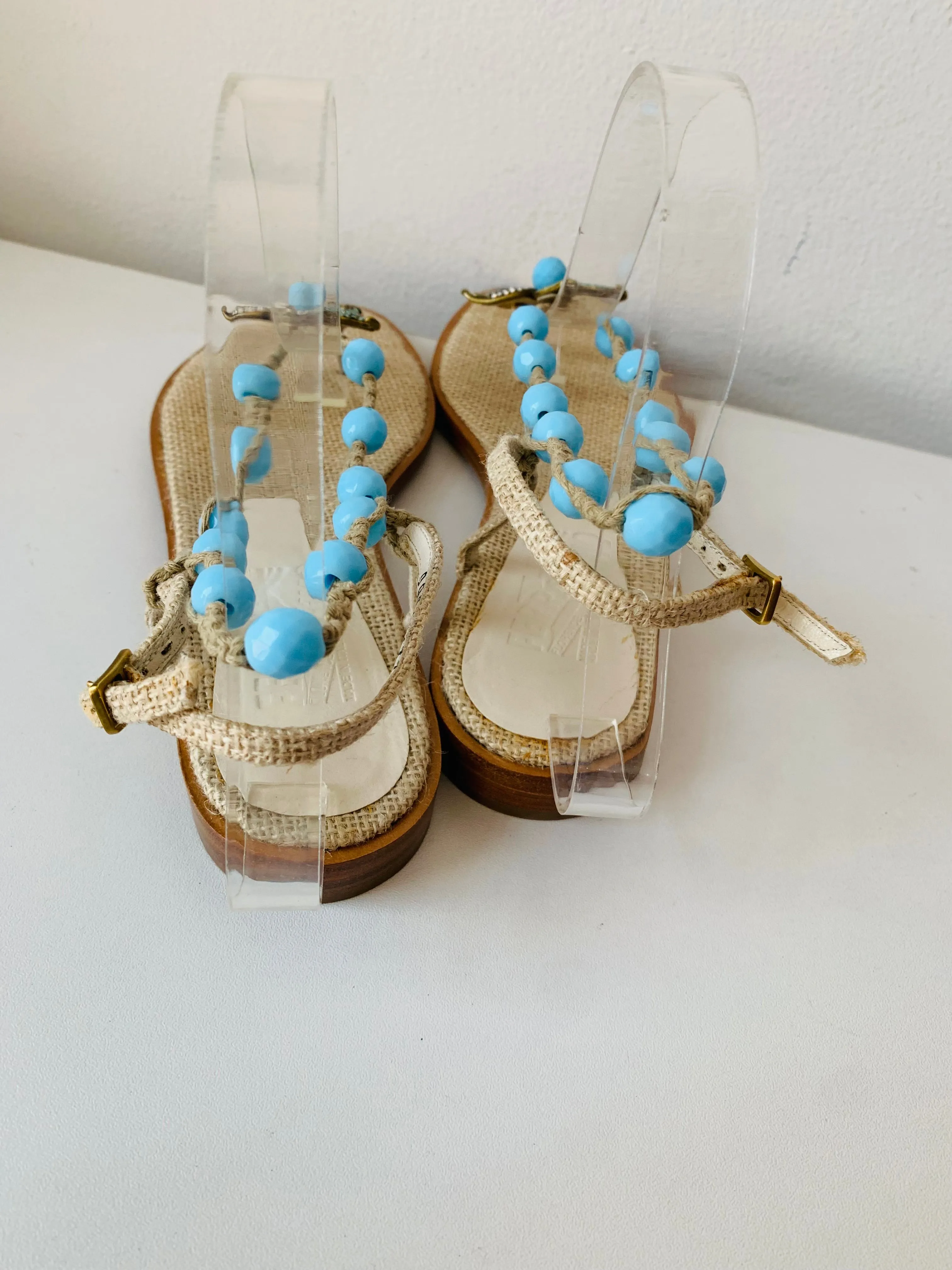 Salvatore Ferragamo Jute/Beige & Leather Beaded Rhinestone Embellished Sandals Size 7