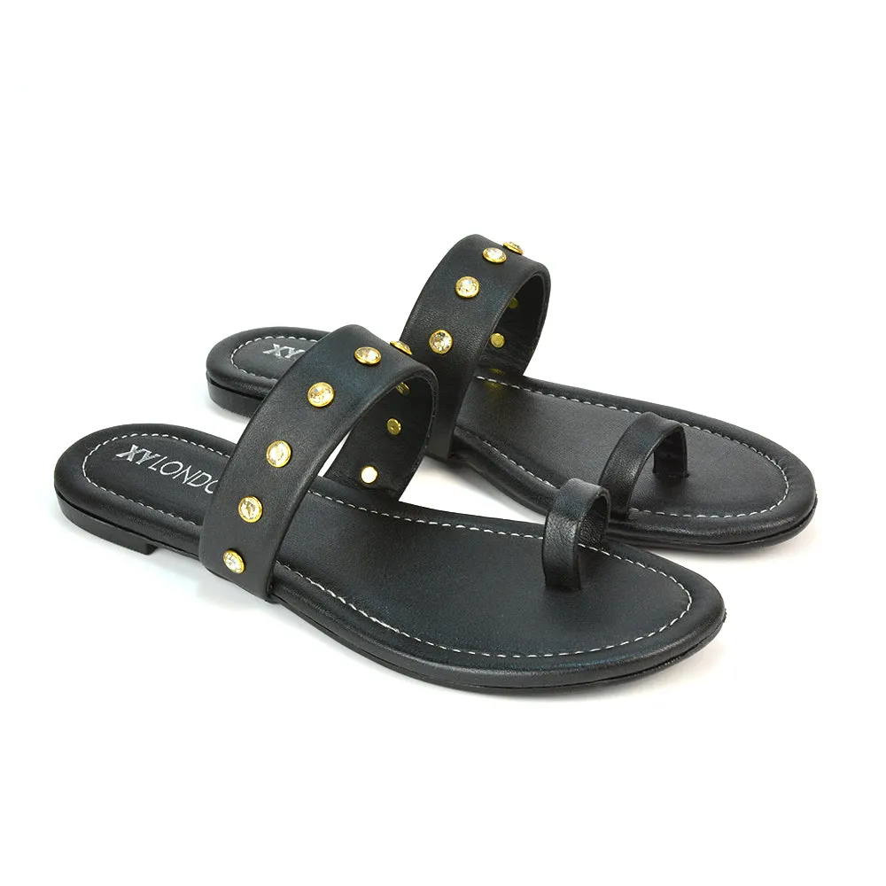 Sammie Slip On Toe Post Flat Heel Diamante Leather Summer Sandal Slides in Black