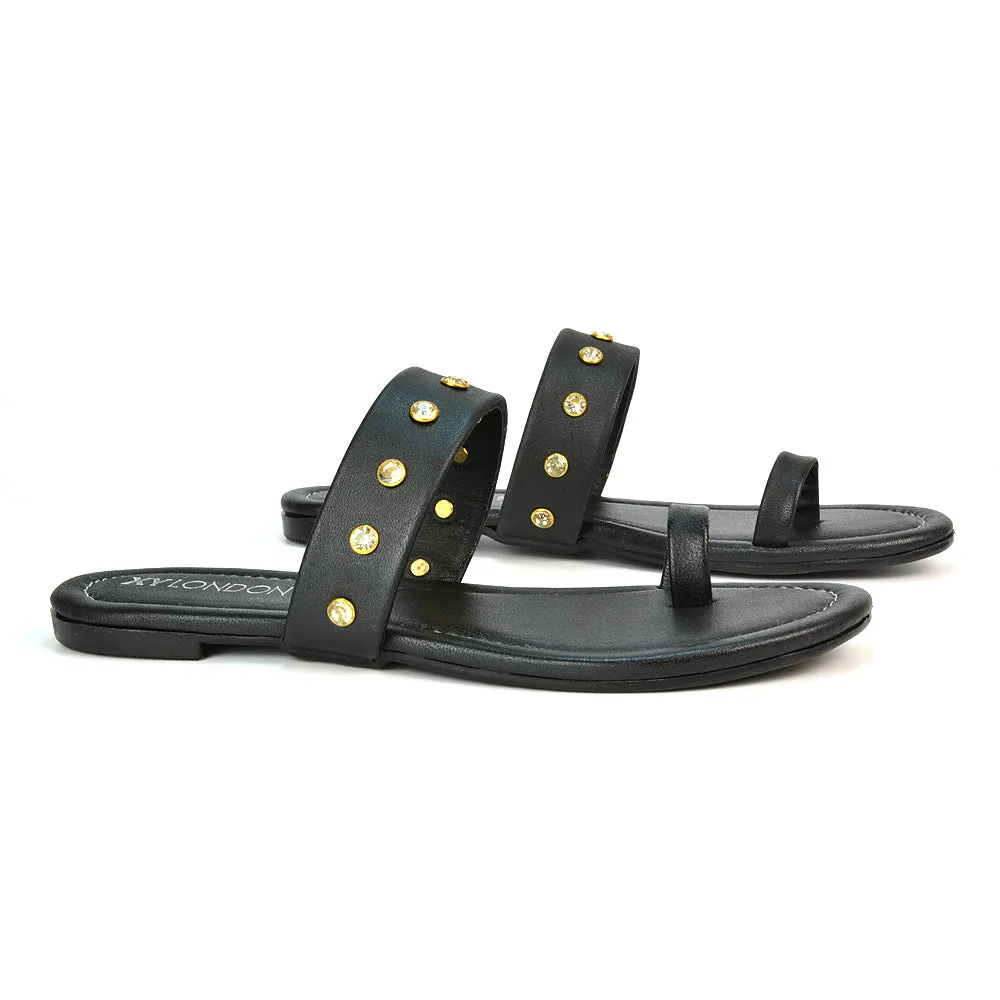 Sammie Slip On Toe Post Flat Heel Diamante Leather Summer Sandal Slides in Black