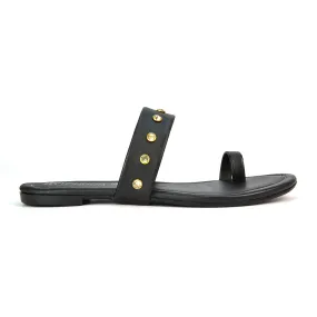 Sammie Slip On Toe Post Flat Heel Diamante Leather Summer Sandal Slides in Black