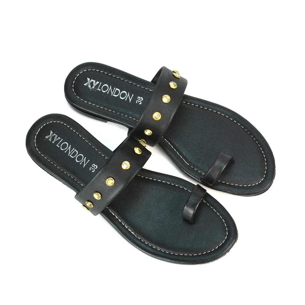 Sammie Slip On Toe Post Flat Heel Diamante Leather Summer Sandal Slides in Black