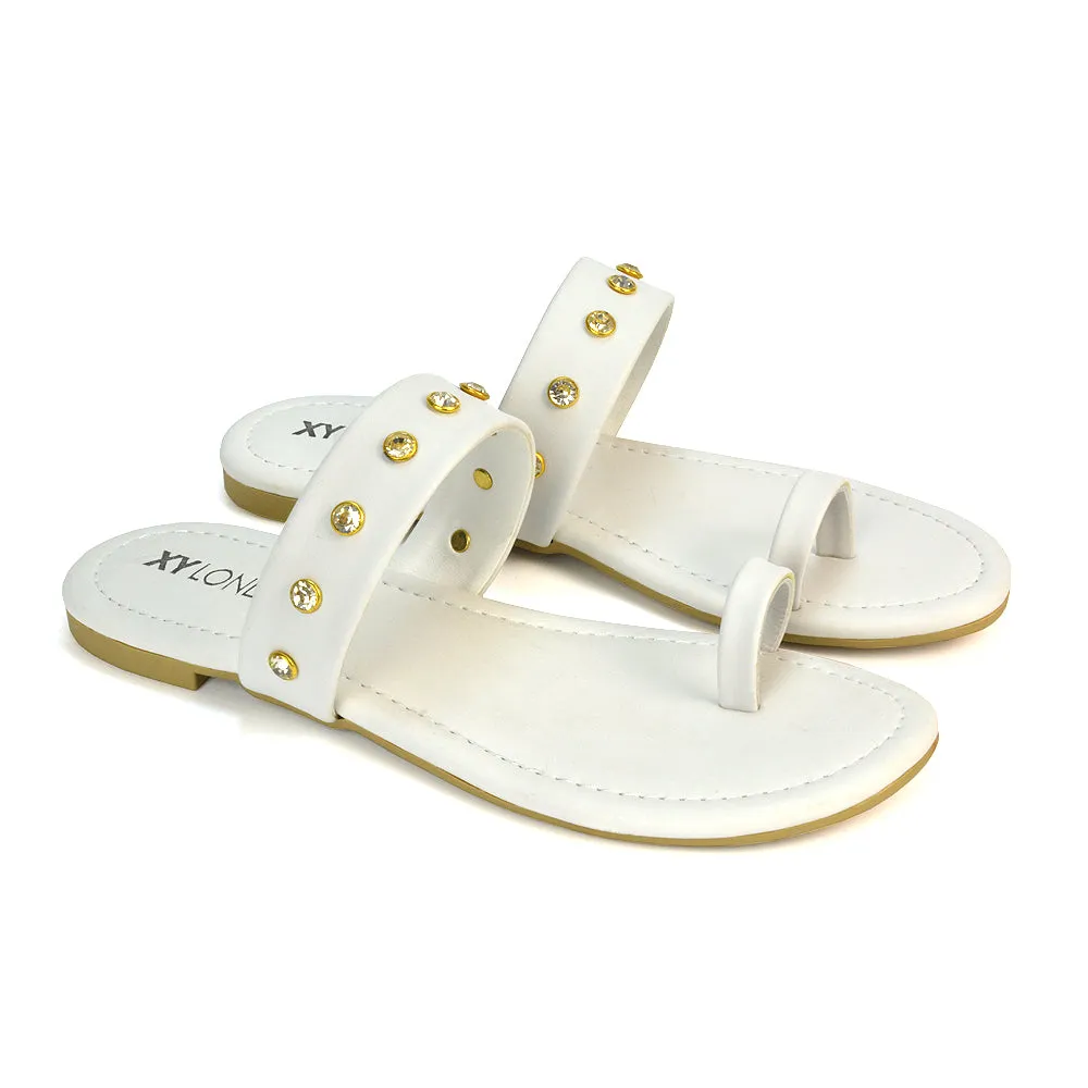 Sammie Slip On Toe Post Flat Heel Diamante Leather Summer Sandal Slides in Silver