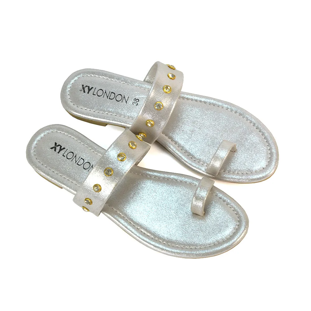 Sammie Slip On Toe Post Flat Heel Diamante Leather Summer Sandal Slides in Tan