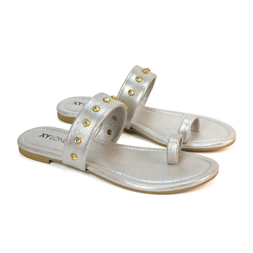 Sammie Slip On Toe Post Flat Heel Diamante Leather Summer Sandal Slides in Tan