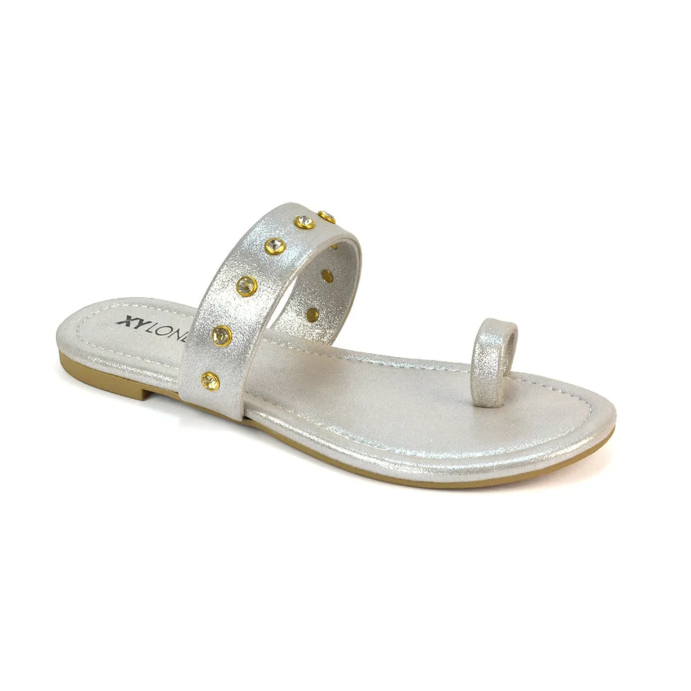 Sammie Slip On Toe Post Flat Heel Diamante Leather Summer Sandal Slides in White