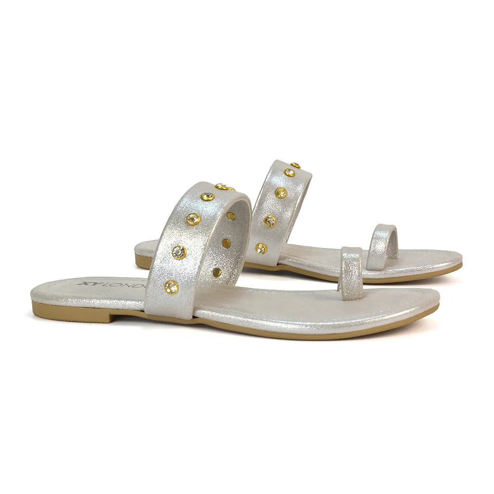 Sammie Slip On Toe Post Flat Heel Diamante Leather Summer Sandal Slides in White