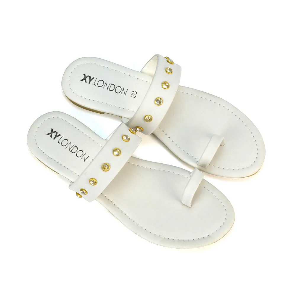 Sammie Slip On Toe Post Flat Heel Diamante Leather Summer Sandal Slides in White