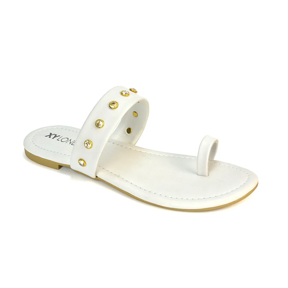 Sammie Slip On Toe Post Flat Heel Diamante Leather Summer Sandal Slides in White