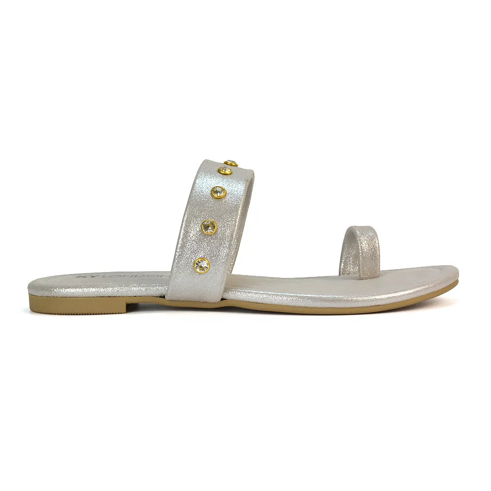 Sammie Slip On Toe Post Flat Heel Diamante Leather Summer Sandal Slides in White