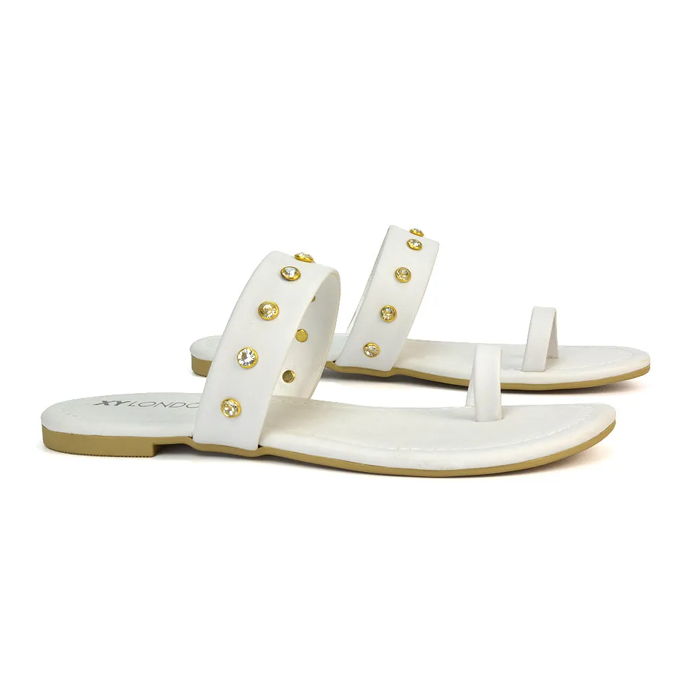 Sammie Slip On Toe Post Flat Heel Diamante Leather Summer Sandal Slides in White