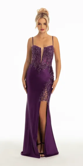 Satin Beaded Applique Trumpet Dress with Side Slit