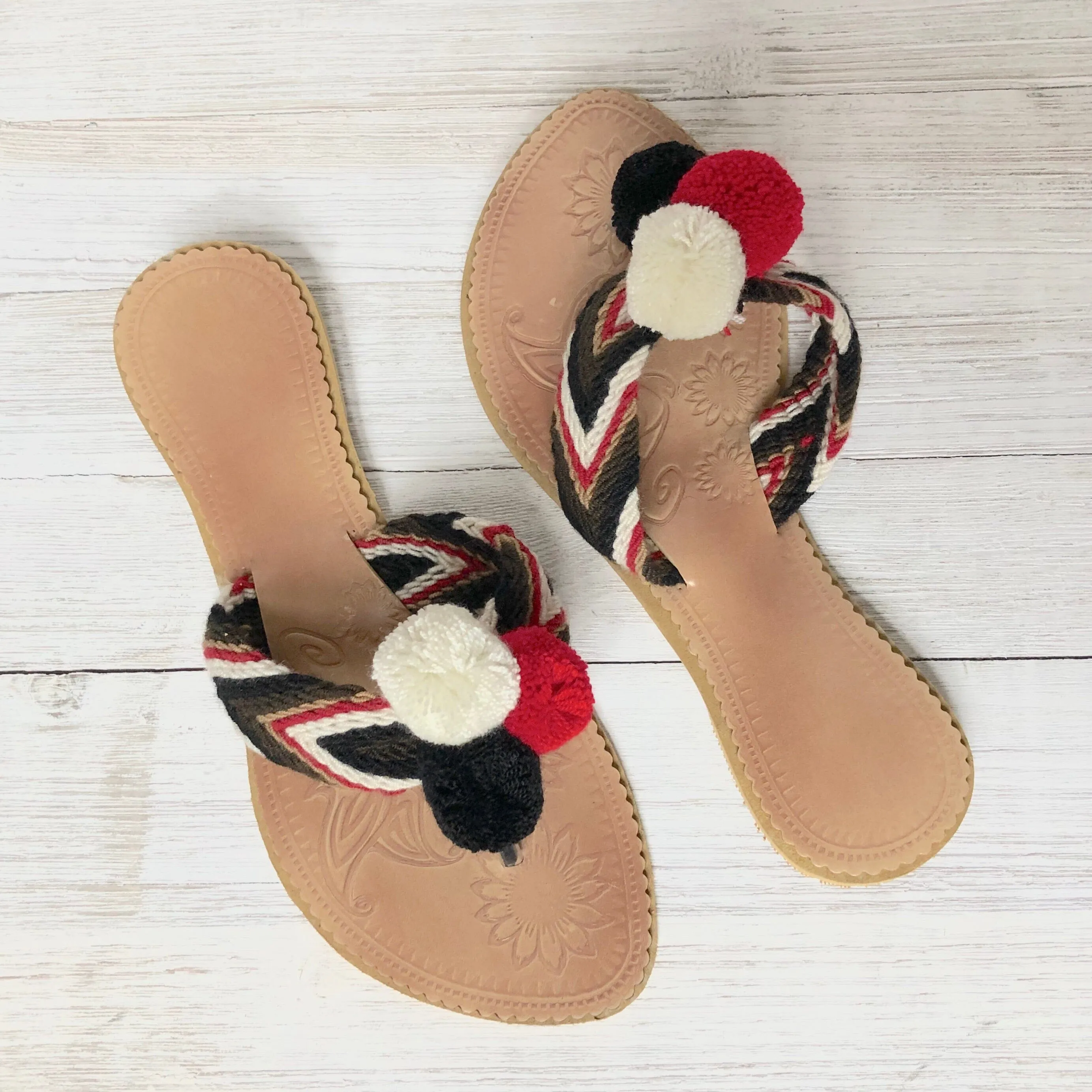 Scarlet Crush Pom Pom Sandals - Red Summer Flip Flops SWP017