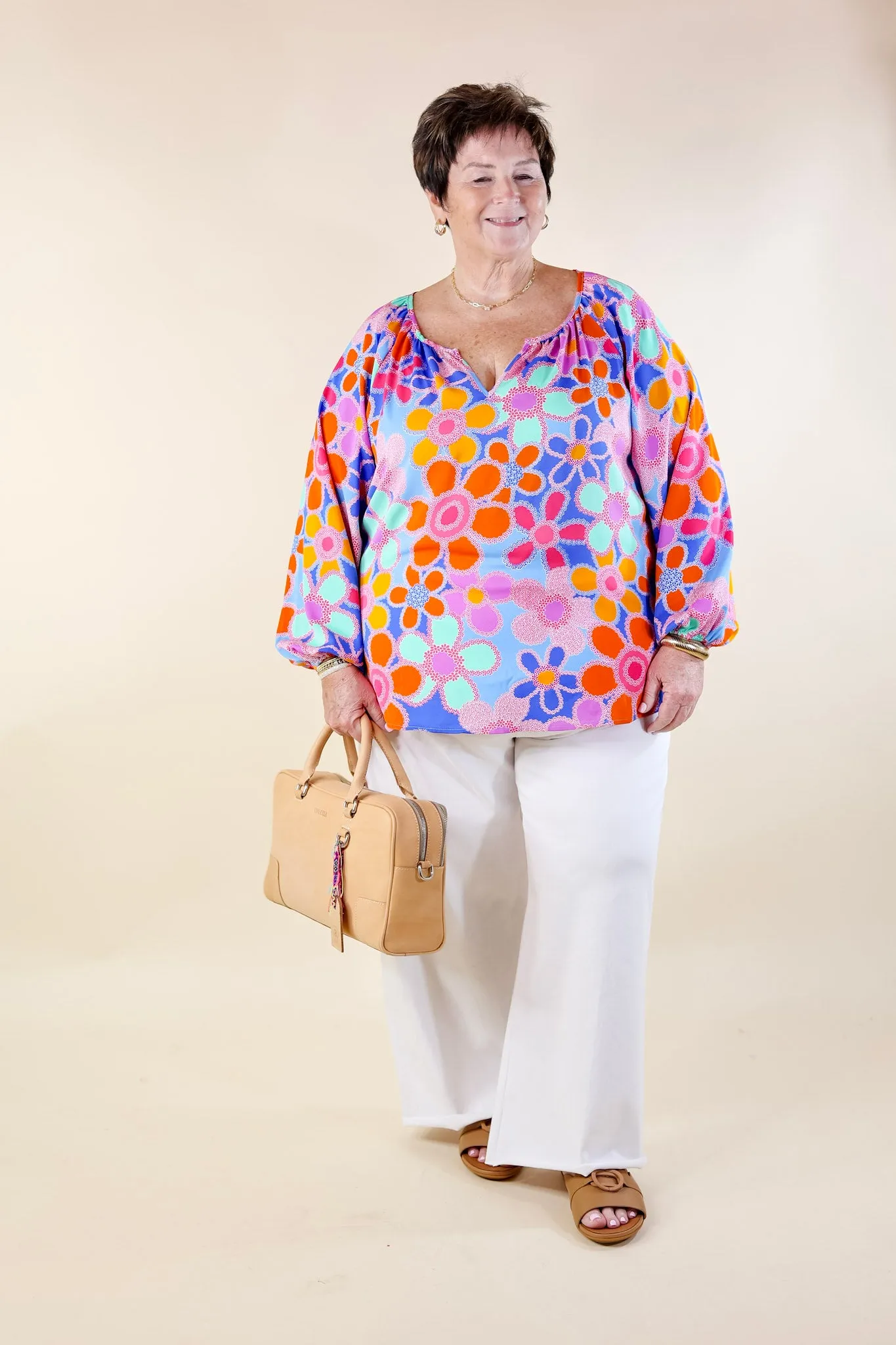 Seriously Sweet Floral Print Top with Notched Neckline in Blue